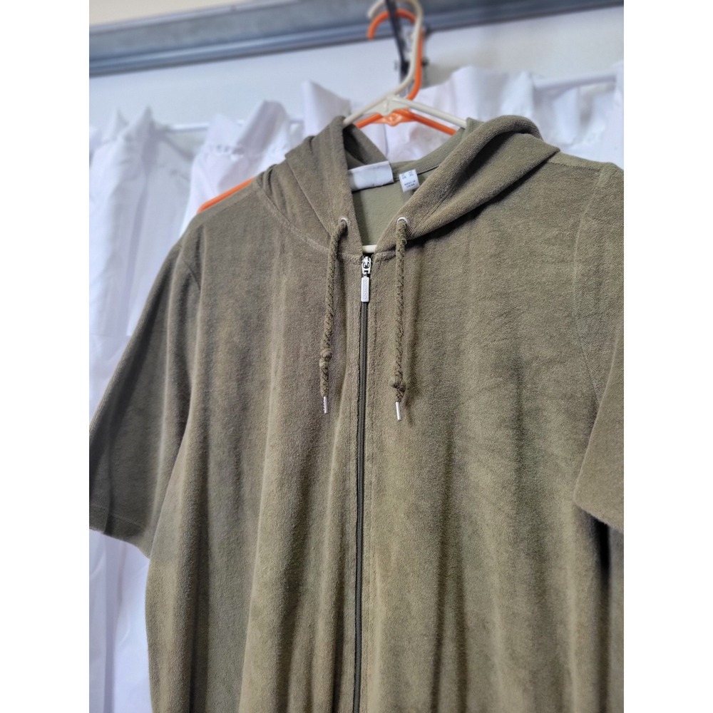 Olive Terry Cloth Short Sleeve Hooded Jumpsuit Zip Front Elastic Waist XL 1406 - Picture 4 of 9